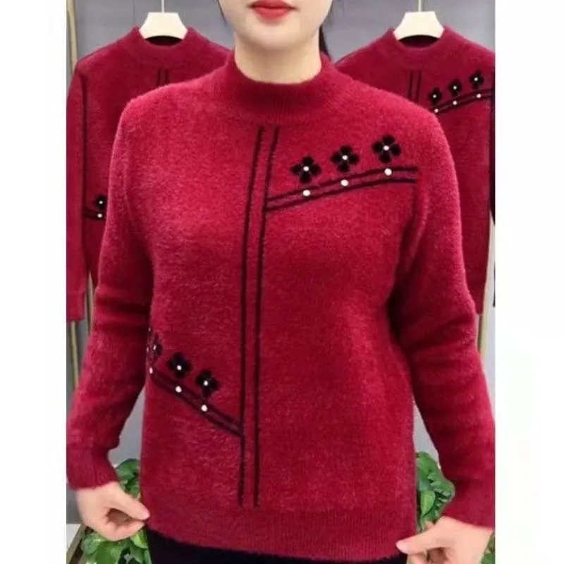 Autumn Winter Women's Solid Round Neck RhinestoneScrew Thread Flower Embroidery Pullover Long Sleeve Sweater Knitted Casual Tops