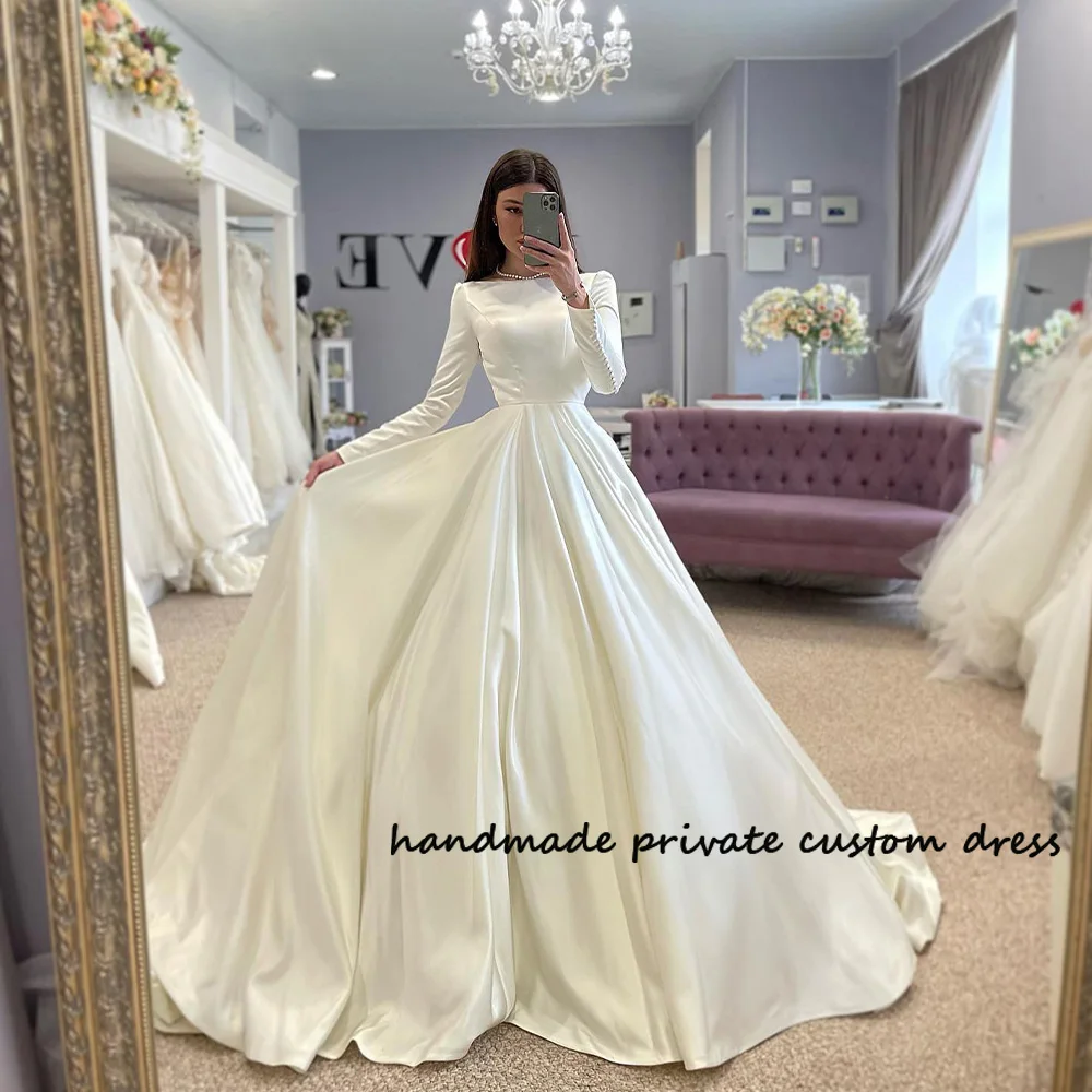 

Gorgeous White A Line Wedding Dresses Long Sleeve Dubai Muslim Bride Dress Draped Satin Church Wedding Bridal Gowns Customized