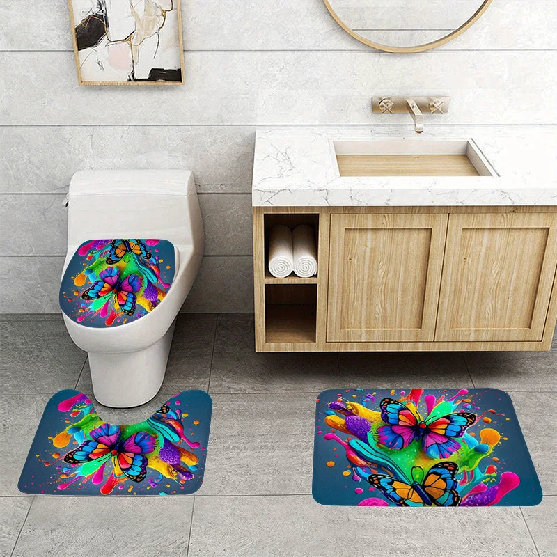 Waterproof Anti Slip Butterfly Bath Mat Set Bathroom Rug Decoration Mat Novelty Fun Colorful Washroom Floor Mat Doormat