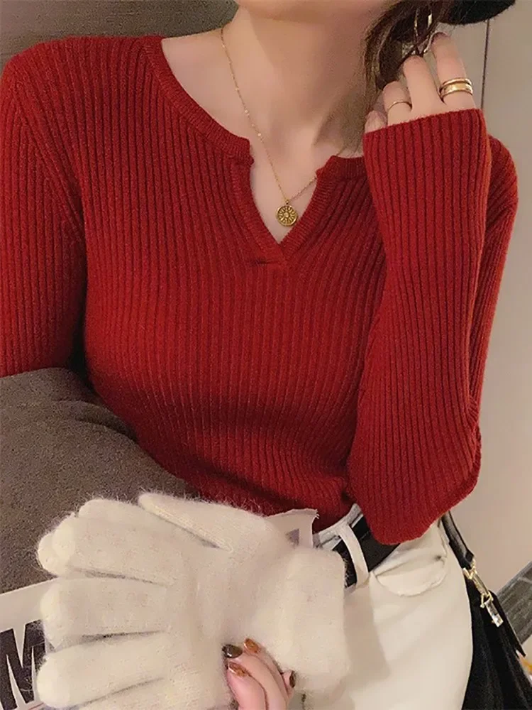 Korea Autumn Winter Women Sweater Solid Rib Knit V Neck Stripe Pull Femme Y2k Long Sleeve Pullover Jersey Tops Fashion Clothes