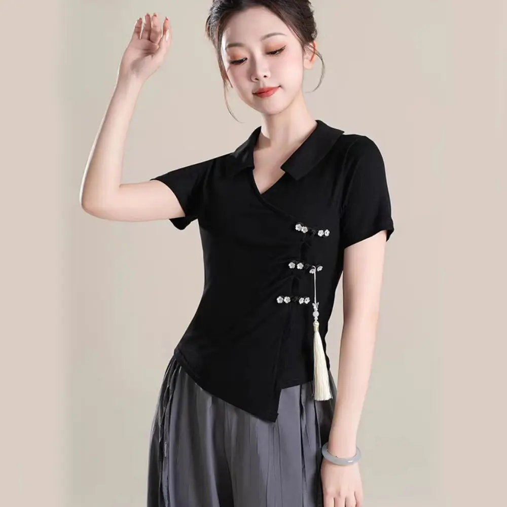 

Tassel Pendant Irregular V-neck T-shirt Flower Button Chinese Style Women's Slim Crop Tops Streetwear Female Summer Tops
