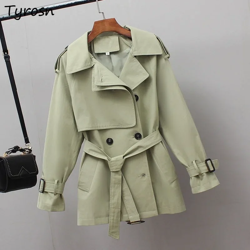 

M-3XL Trench Women Elegant All-match Double Breasted Notched Fashion British Style Defined Waist Cropped Coats Femme Romantic