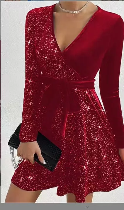 Vestito Sexy per le donne 2023 autunno/inverno solido vita media scollo a v cintura decorazione paillettes diamante caldo velluto abiti a maniche