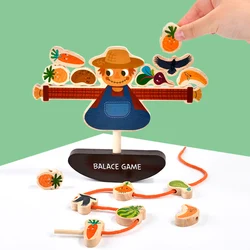 Montessori Block Stacking Balance Game Children Wooden Educational Toys Animal Fruit Block Threading Board Game Gifts for Kids