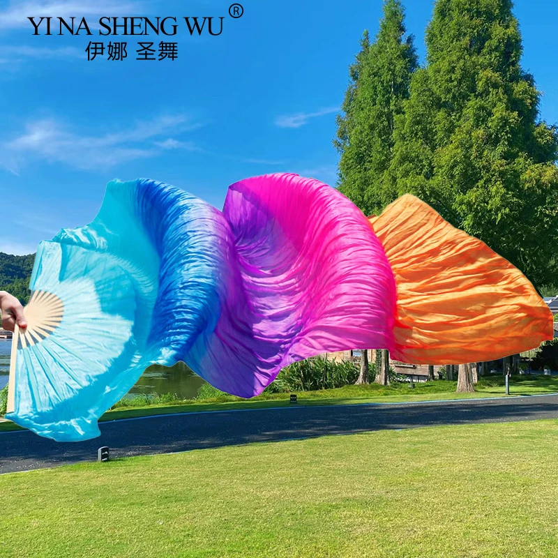 100% Real Silk Fan Veils for Belly Dance Bamboo-Ribs Folding Silk Fan Chinese Gradient Hand Made Dyed Fan Tie-dye Color 1PC