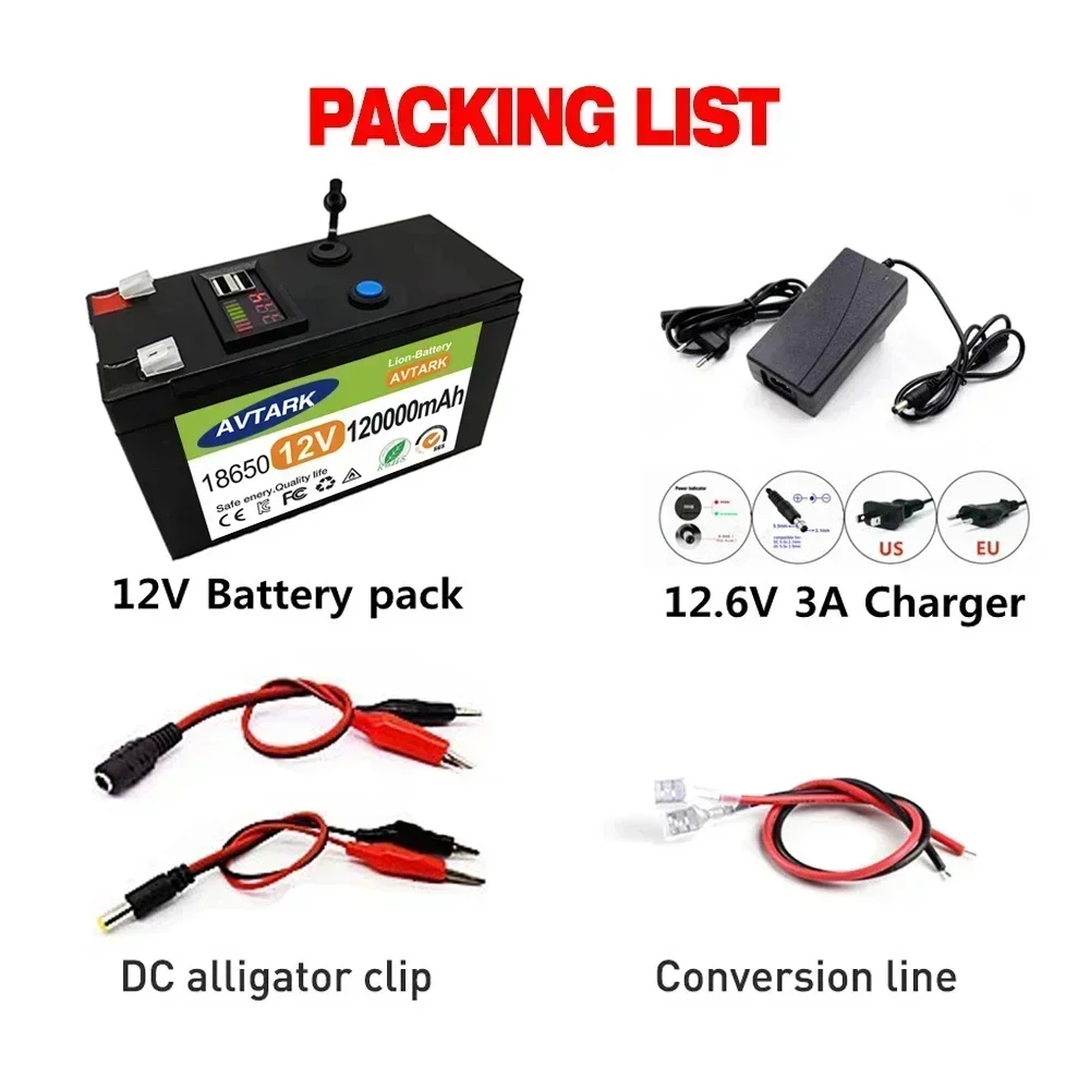 2025 Verbesserter LiFePO4-Lithium-Akku, 12 V, 120 Ah, tragbarer wiederaufladbarer Akku, integrierter 5 V 2,1 A USB-Power-Display-Port-Aufladung