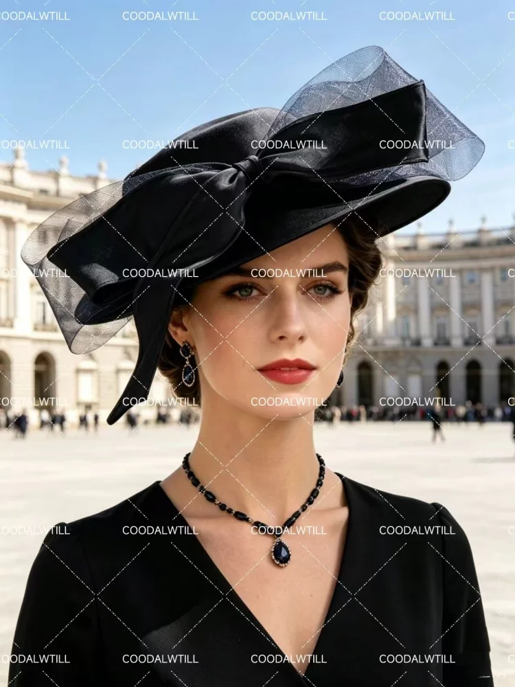 Women Chruch Satin Fedora Hat Women Elegant Wedding Fascinator Hats Bow Party Chapeau Femme Vintage Headpiece Cap Royal Asot