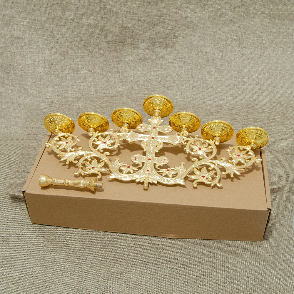 Orthodox 7-Candle Zinc Alloy Candelabra 12 Inch Tall 7 Arms Candle Holder Stick for Taper Candles Gold Vintage Design