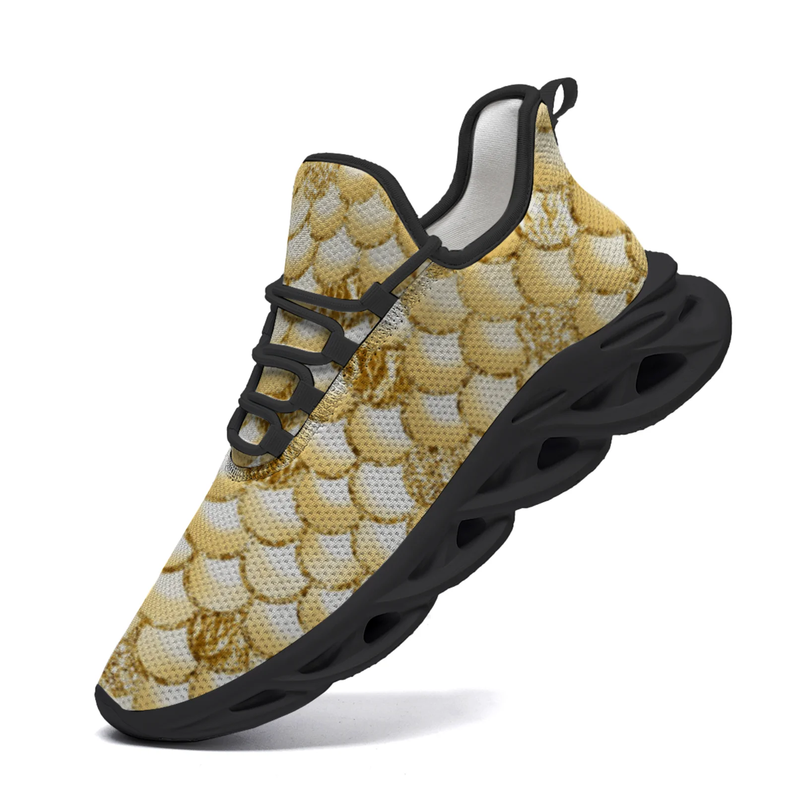 

Gold fish scale print casual sprots shoes for men and women, lightweight walking and running shoes, mesh laces