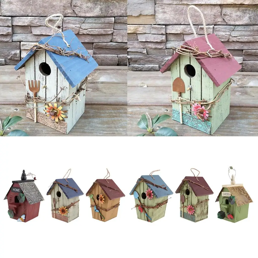 Hand-painted Wooden Birdhouse with Jute Cord Home Outdoor Garden Decoration