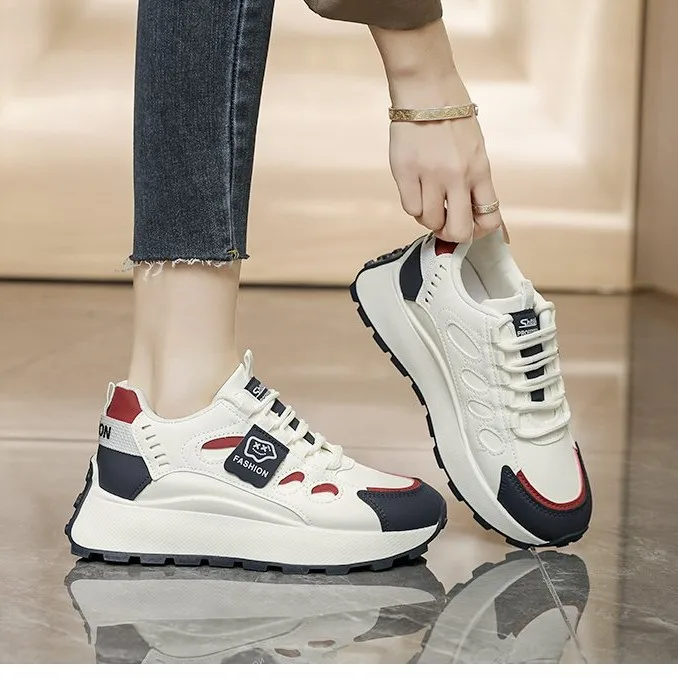 

New Women Casual Platform Sneakers 2026 7CM High Heels Spring Sports Leather Shoes Breathable Trainers Chunky Sneakers