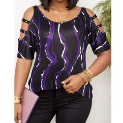 Womens Plus Size Casual Tops Hollow Out Short Sleeve Tee Shirts Oversized O Neck Female Elegant Print Blouse 5XL 6XL