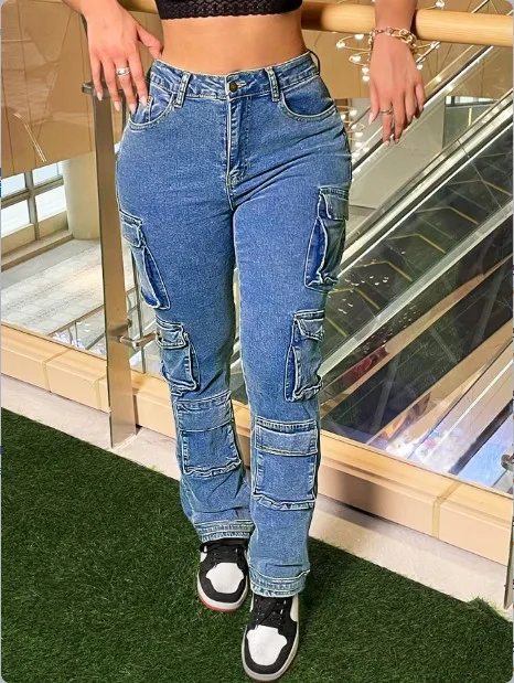 

Women's Multi Pocket Denim Pants with Stretch and Personalized Street Style