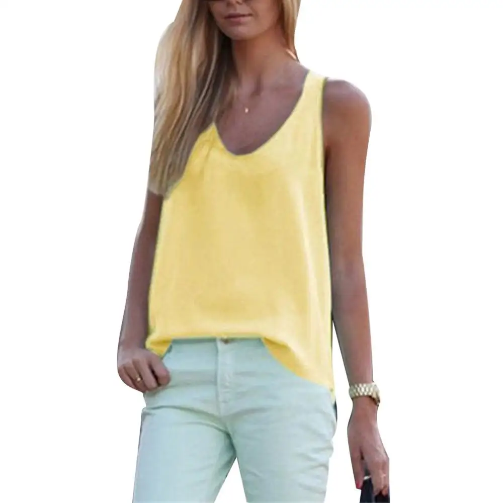 Solid Color Tank Top Women Round Neck Sleeveless Chiffon Blouse Summer Women Vest Tank Top