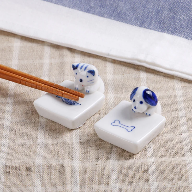 Kawaii Cat Dog Chopstick Holder Ceramic Knife Spoon Fork Tableware Holder Chop Stick Rack Dinning Table Decor Kitchen Supplies