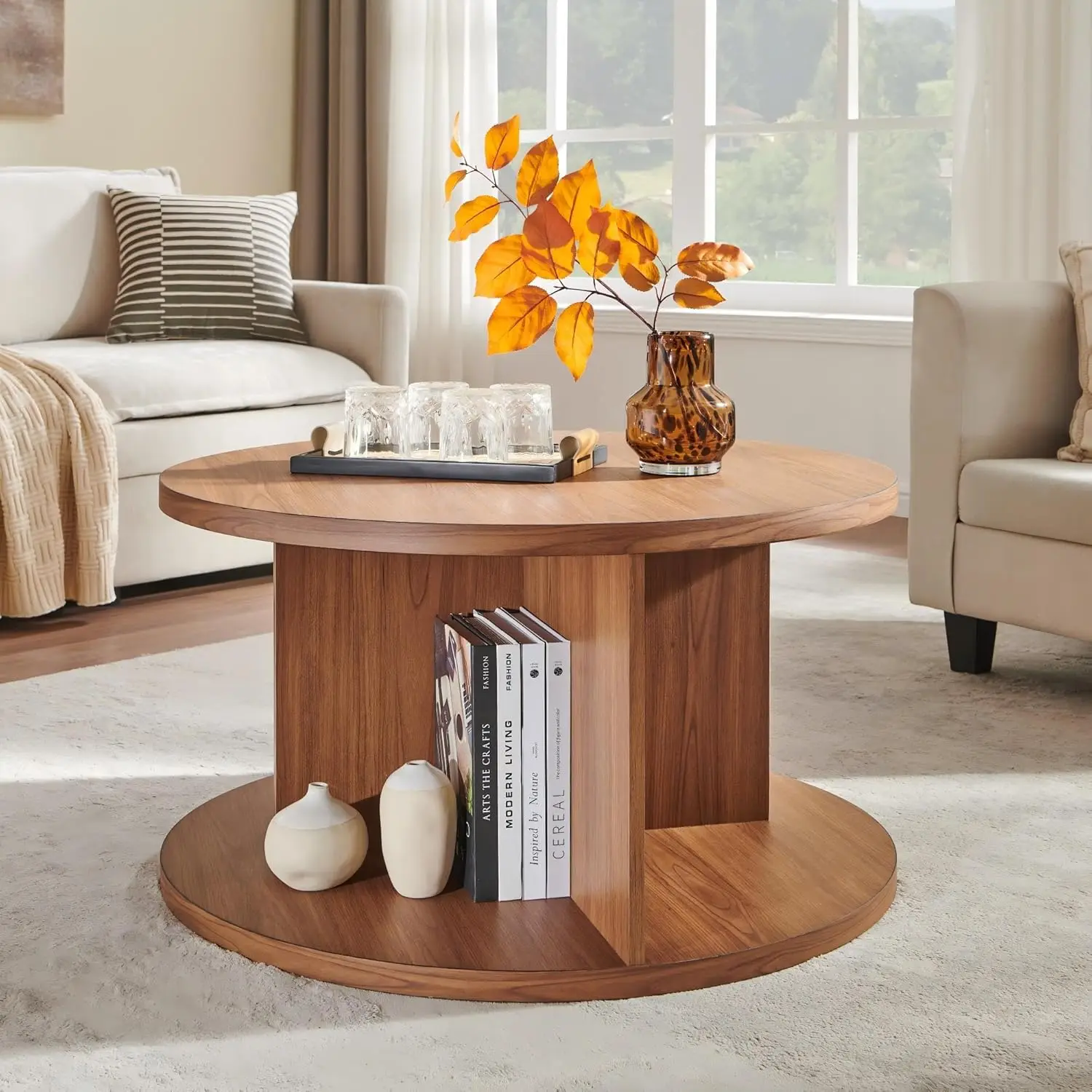 

Round Coffee Table 32" Wood Center Table Cross Support Open Storage Cubby Small Space Apartment Dark Grain, Customized