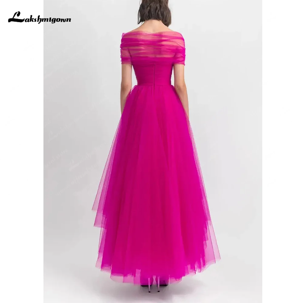 Lakshmigown Fuschia Tulle Evening Dresses Off Shoulder Tiered A Line Women Prom Dresses Ankle Length Homecoming Graduation Gowns