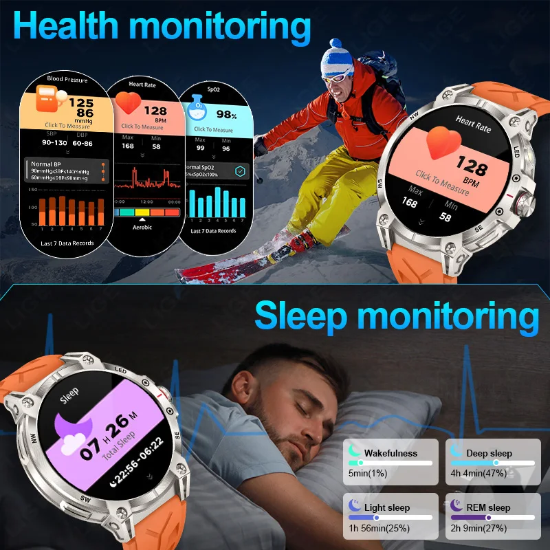 LIGE مصباح يدوي خارجي ساعة ذكية 1.85 بوصة HD شاشة كبيرة نظام تحديد المواقع البوصلة بلوتوث دعوة اللياقة البدنية الرياضة IP68 مقاوم للماء ساعة ذكية #4