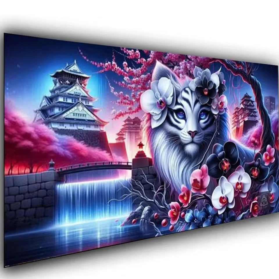 Vibrant Black White Tiger Orchids Flowers Large Diy 5D Diamond Painting Surreal Japanese Landscape Full Mosaic Diamond Home Art