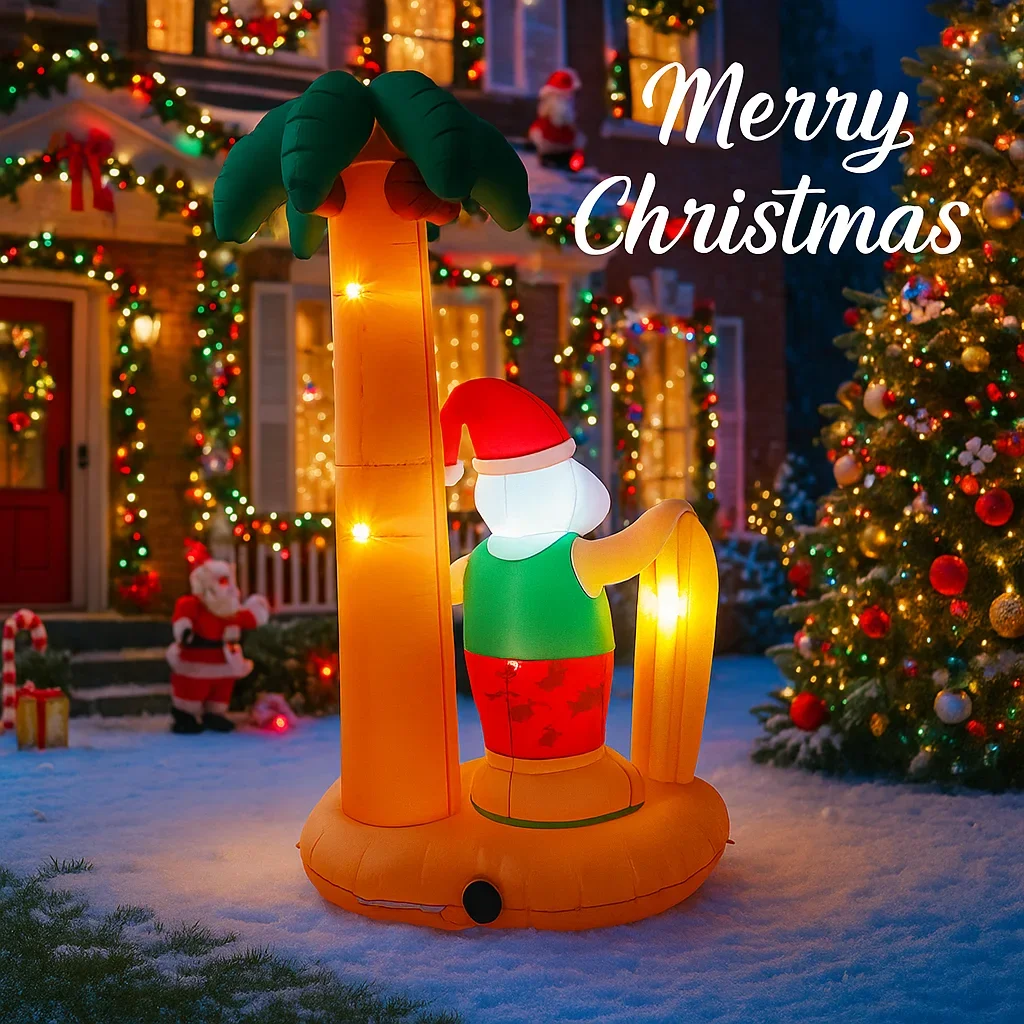 7.8FT LED Inflatable Xmas Yard Decor Beach Style Santa Claus Surfboard Palm Tree Christma Decoration Supplie Ornaments Toy Gifts