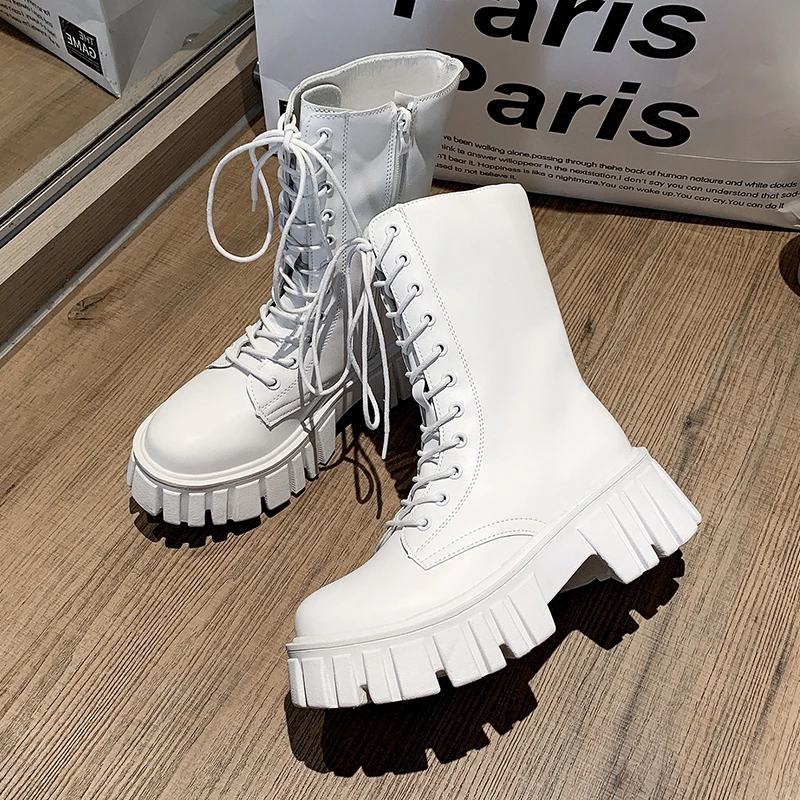 Rimocy White PU Leather Ankle Boots for Women 2022 Fashion Lace Up Chunky Shoes Woman Autumn Winter Platform Motorcycle Boots