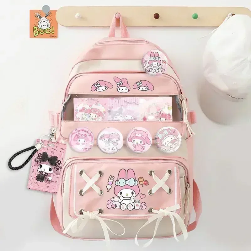 Sanrio Kuromi Cinnamoroll My Melody อะนิเมะกระเป๋าเป้สะพายหลังนักเรียนมัธยมต้นโรงเรียนประถมน่ารักสาวเด็กของขวัญ