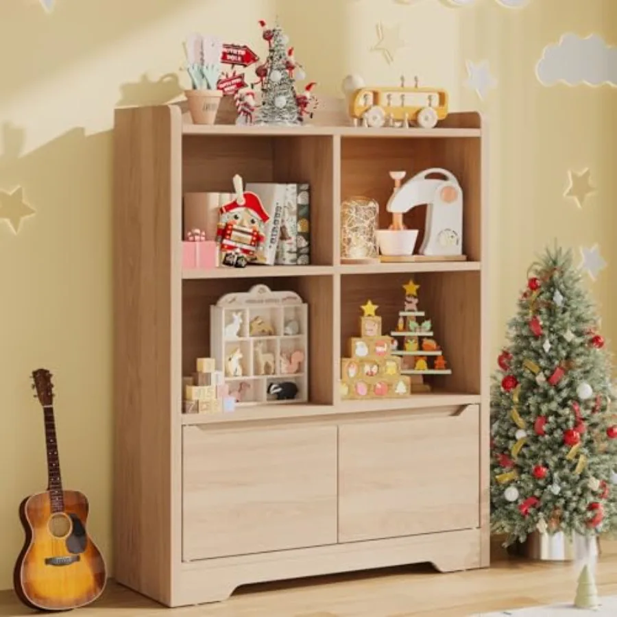 

Bookshelf and Toy Organizer 2 Tier Book Shelf for Kid Rooms with 2 Doors 4 Cubes Storage Organizer Wood Bookcase Freestanding T
