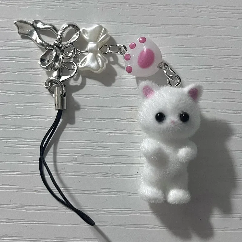 handmade white cat calico phone charm coquette keychain