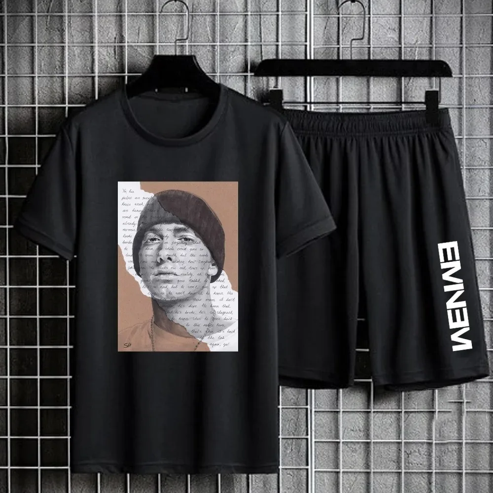 Eminem Slim Shady Print T Shirt Shorts for Men Short Sleeve Sports Suit Oversized Casual Tees Short Pants Hip Hop Two Piece Sets