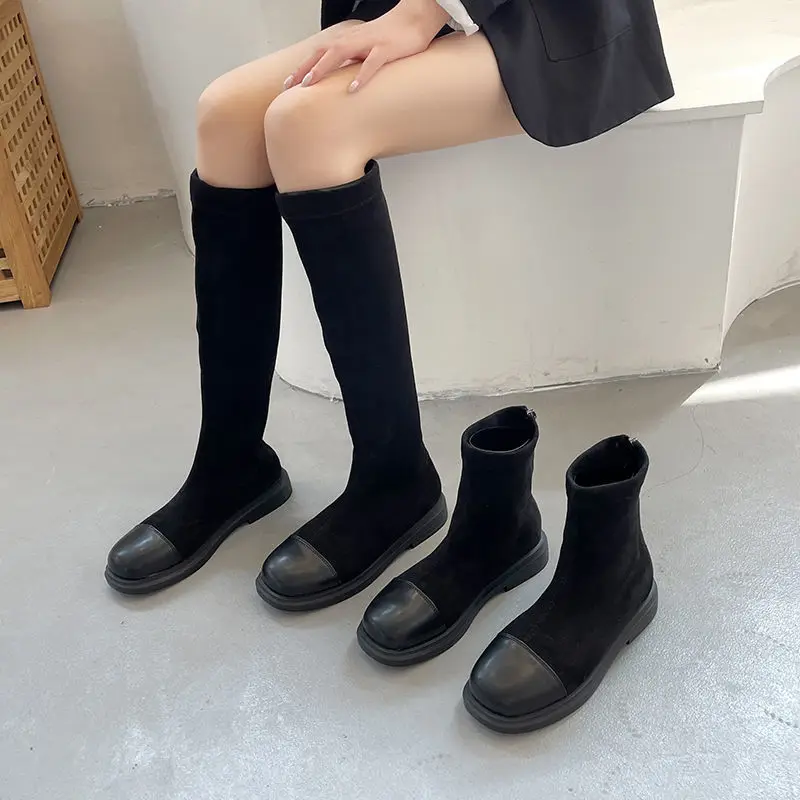 

Elastic Boots Women's Autumn New Style Flocking Casual High Top Boots Zipper Closure PU Leather Shoe Inner Pig Skin