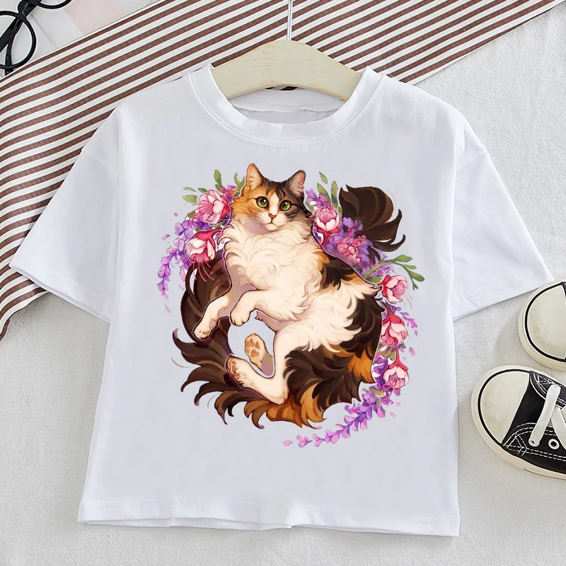 

Children's Clothing Cute Cat Print Harajuku Vintage Children T-shirt Casual Cartoon Tops Tees Clothes Girls From 2 To 7 Years