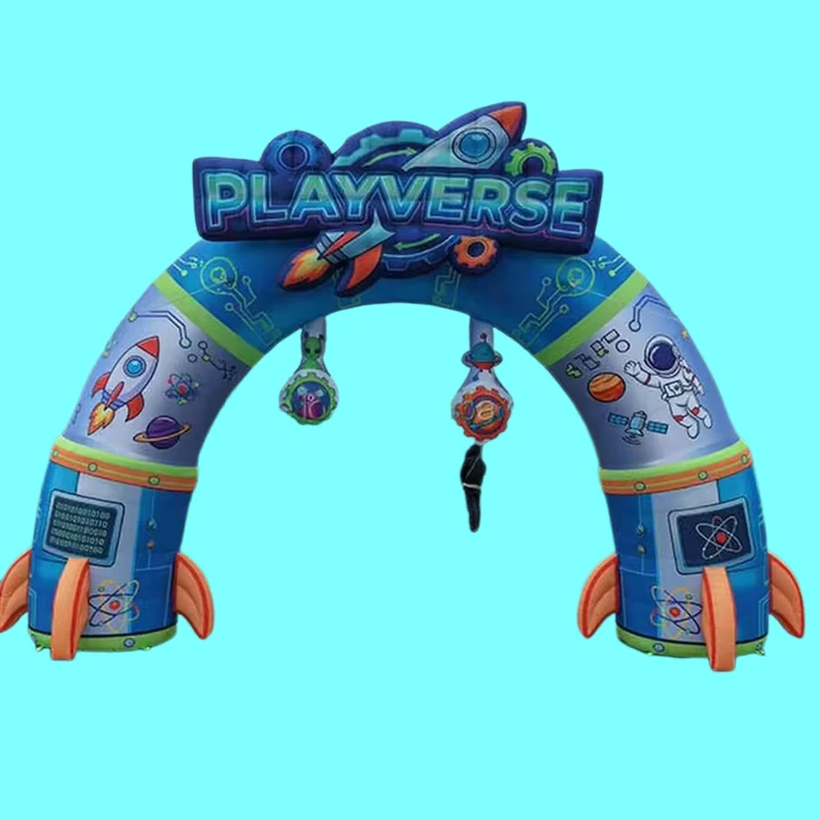 Space Theme Inflatable Arch with Custom Logo, Rocket Astronaut Design, Oxford Fabric, Event Entrance Decoration
