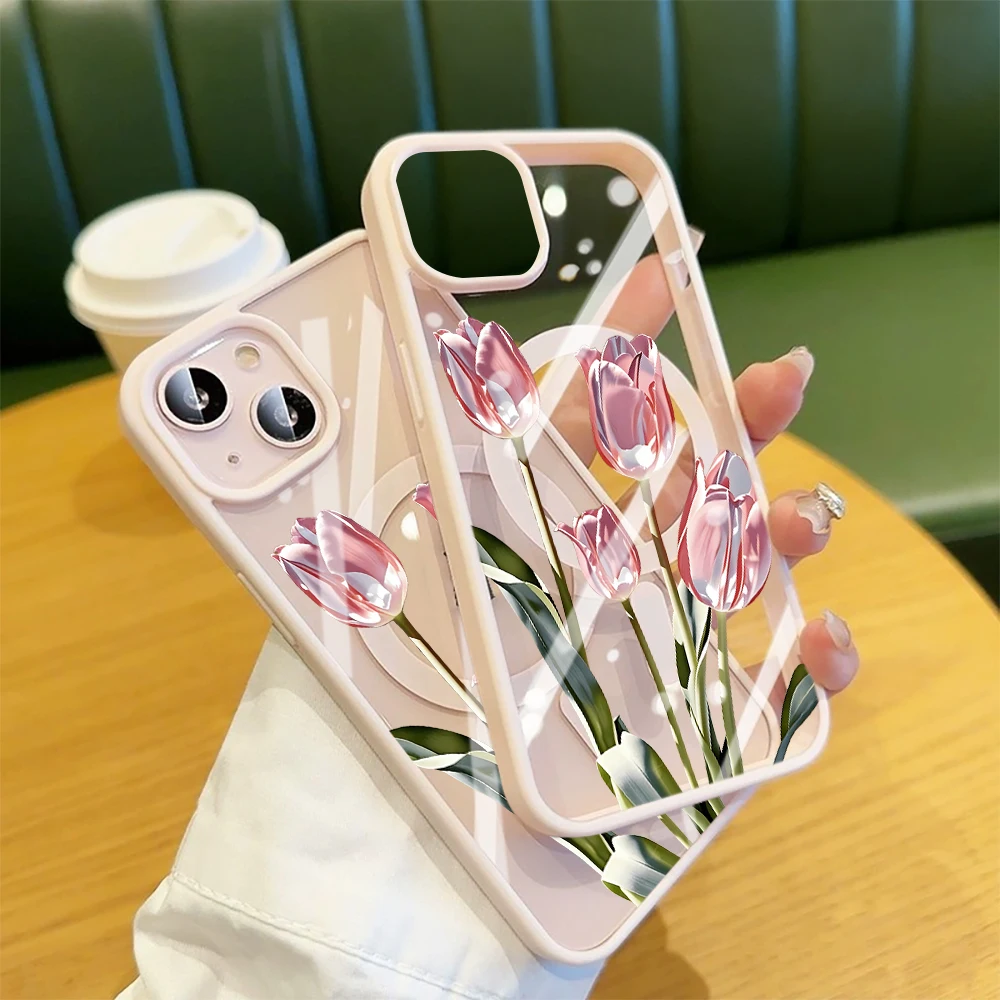 Tulpenblumen-Klarsichthülle für Magsafe iPhone 15 16 Pro Max 17 16 15 14 11 13 12 Pro Max Plus Hüllen Magnetisches Kabelloses Laden Coque – Detail 4
