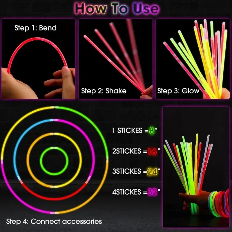 Luminous Colorful Glow Sticks Fluorescence Glowing in The Dark DIY Bracelet Necklace Glowstick for Birthday Wedding Party Decor