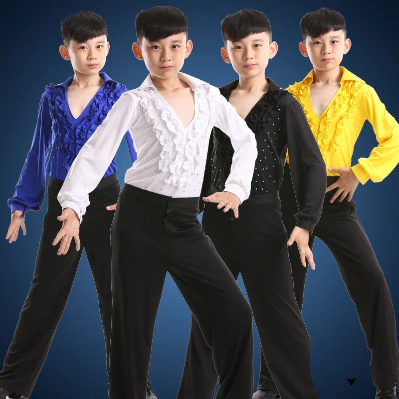 

Hot Sale Boy Latin Dancewear Ruffly Blue White Black Ballroom Stage Modern Boys Latin Dance Costumes Clothes latin dance dress