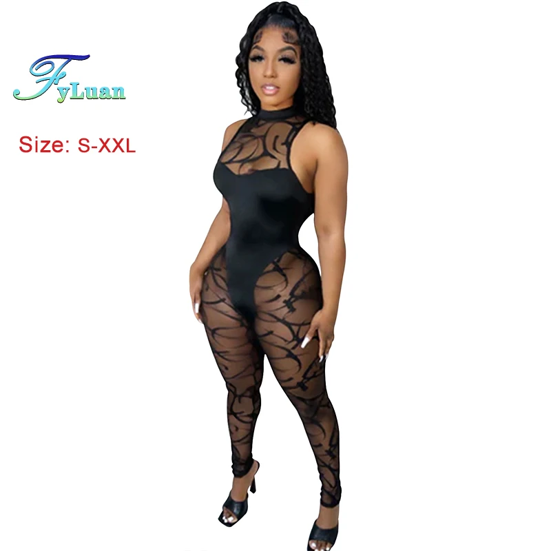 Summer Sexy Black Mesh Perspective Vestidos Jumpsuit Women's Sleeveless Slim Fit Bodycon Jumpsuits Ladies Cocktail Prom Overalls