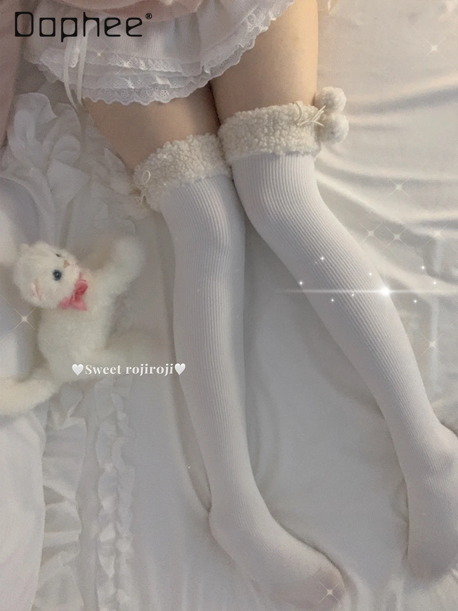 

Lamb Wool Lolita Stockings Women's Autumn Winter Over The Knee Legging Socks Solid Color Hairball Kawaii Thick Warm Girls