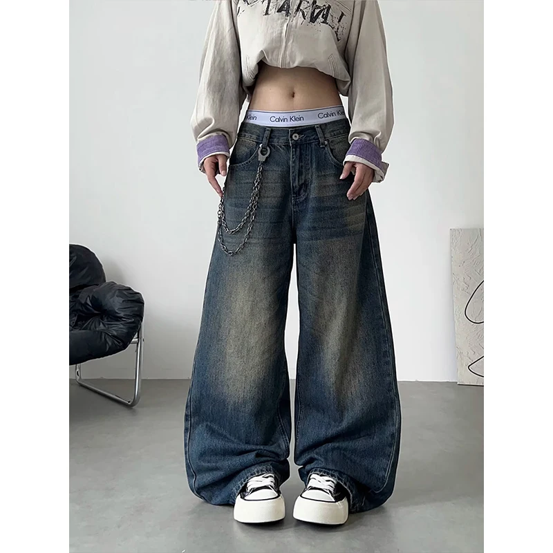  Y2K Women's Jeans Vintage American Pattern Letter Jeans Streetwear Gothic Harajuku Hip Hop Women Fashion Casual Wide Leg Jeans