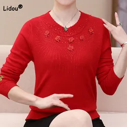 Fashion Elegant Diamonds Solid Sweaters Autumn Winter Women's Clothing Korean Casual Round Neck Long Sleeve Knitted Pullovers