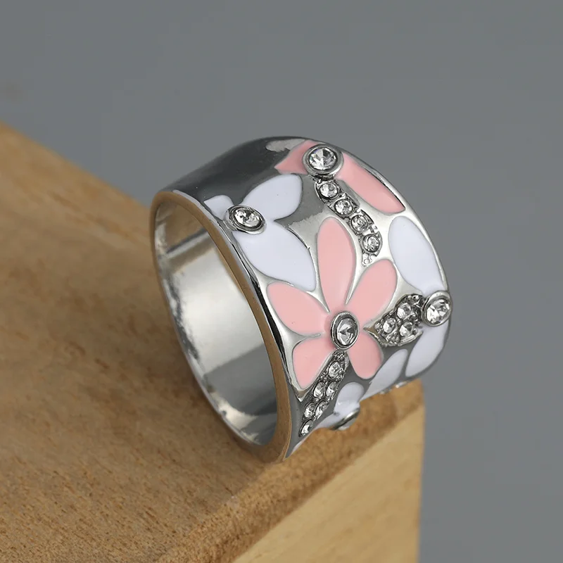 Aesthetic Enamel Flower Finger Ring for Women Wedding Party New 2023 Ring Silver Color Luxury Cubic Zirconia Jewelry Gift