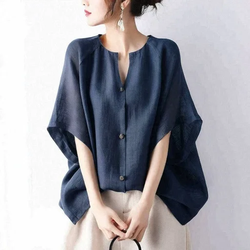 Japan 2026 Summer New Style Comfortable Loose Round Neck Button-Front Mid-Sleeve Top