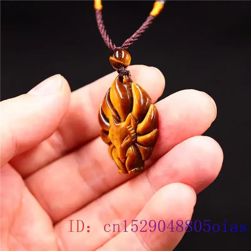 Tiger Eye Nine Tailed Fox Pendant Necklace Gifts Jewelry Jade Chinese Charm Fashion Jadeite Carved Gemstone Natural Amulet