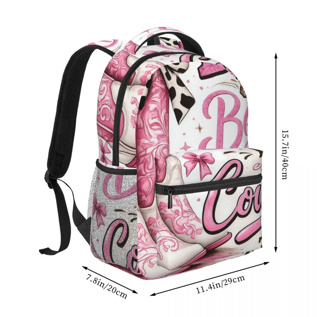 Romantic Cute Backpack Center Cowgirl Boots Leopard Bow Typography Western Typography Pink Whit Fashion Bookbag for Girls Teens