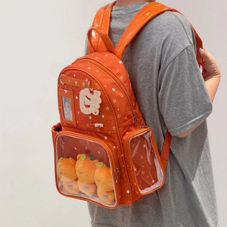 Orange Nylon Backpack Star Rivet Kawaii Transparent PVC ITA Bag Large Capacity Storage Bag Schoolbag Woman Bag Back To School