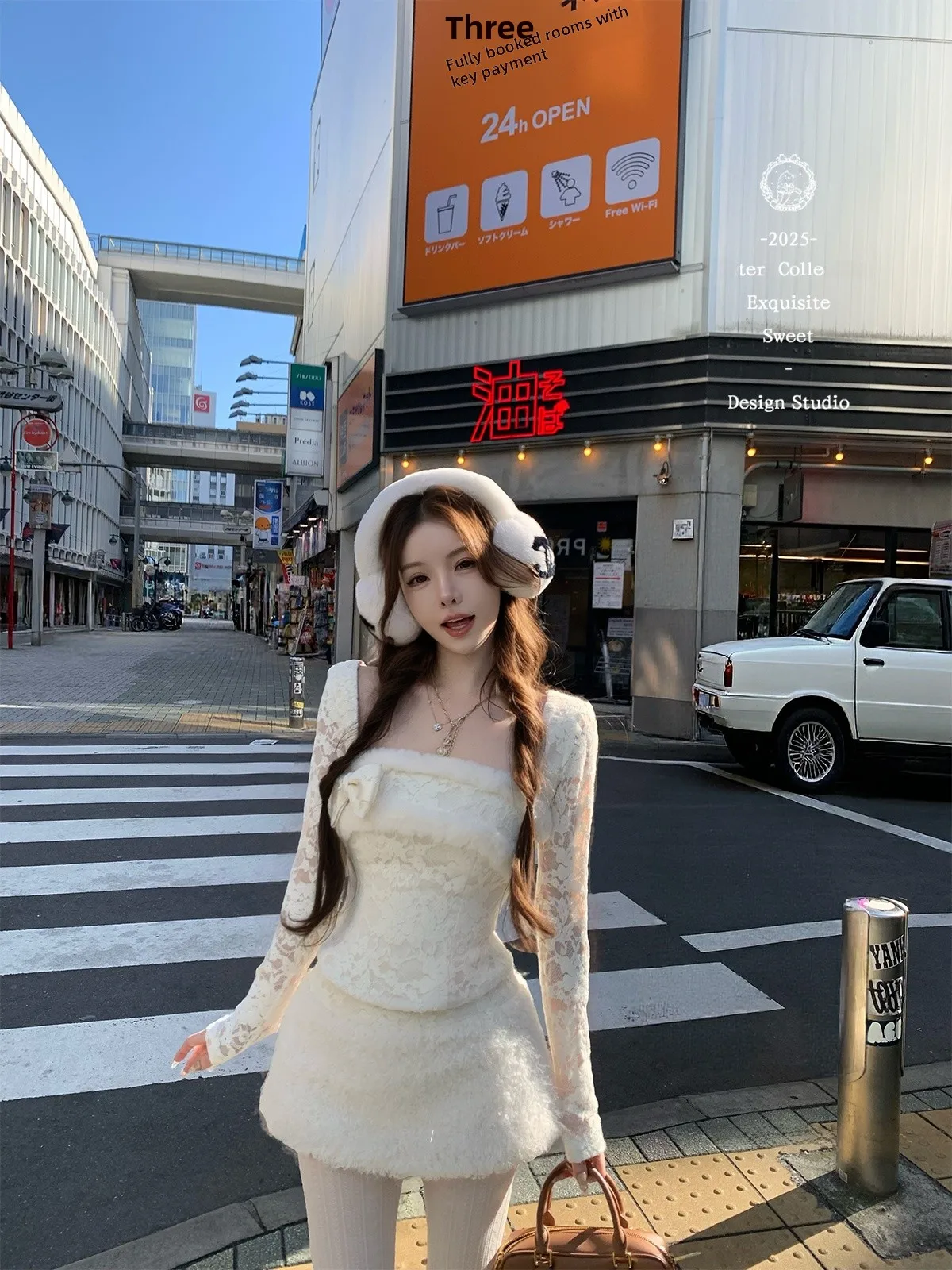 

Catyears Lace Splicing Knot Top And Half Skirt Set Women's Fashion Winter Outfit Princess Style Knitted Sweater