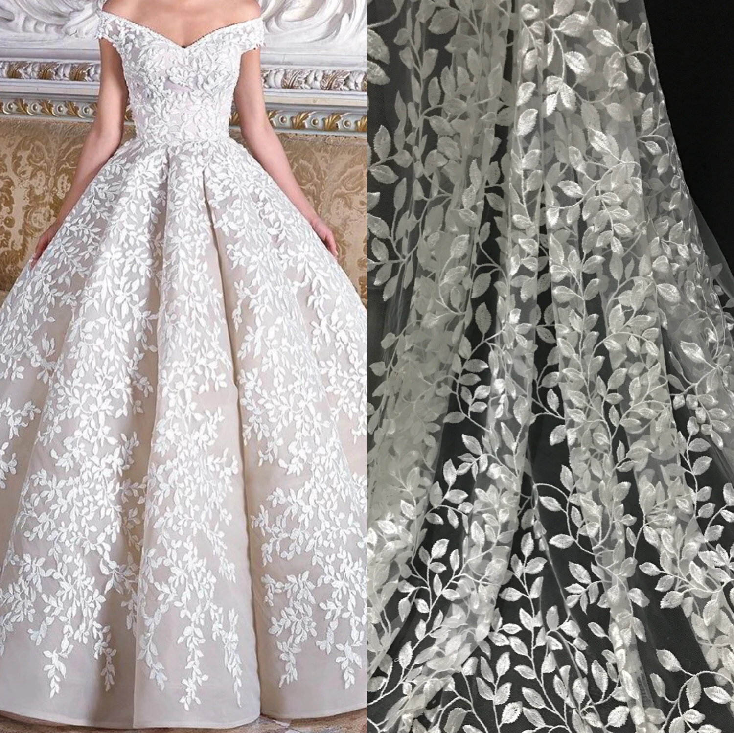 Elegant fashion bridal leafs wedding gown dress lace fabric 130cm width fashion dress lace sell b yard