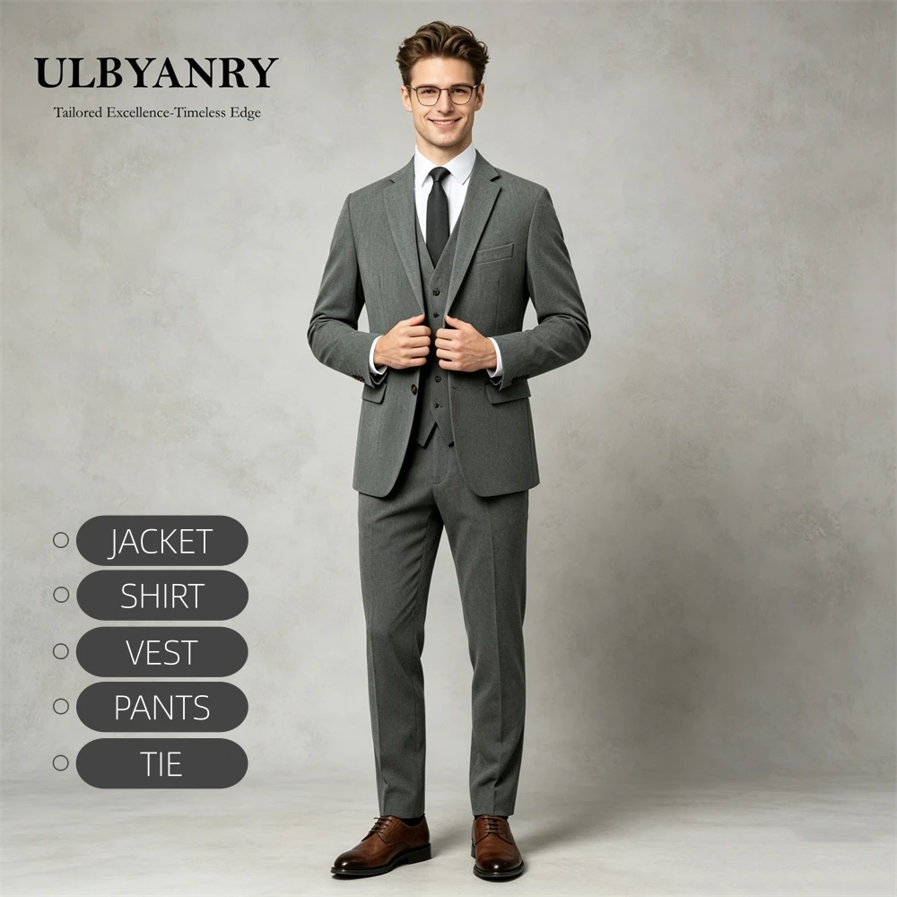 ULBYANRY Men's 5 Piece Business Suit Set, Jacket Vest Pants Shirt Tie, Slim Fitting Interview Tuxedo Commuter Work Suits