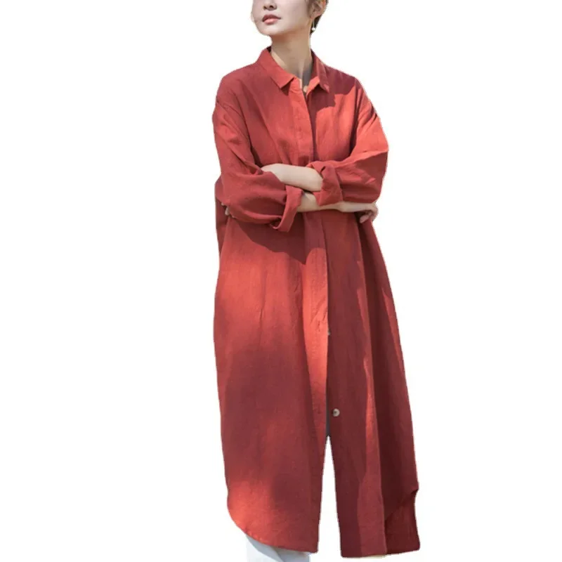 Cotton Linen Long Sleeve White Long Shirt Loose Cardiga Casual Women's Dress Singe Breated Korean Style Fashion Mid-calf Coat