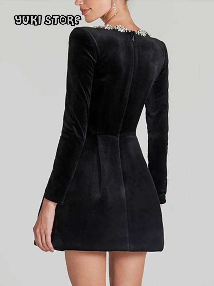 

Fashion Rhinestone Decor Velvet Mini Dress Black Square Neck Long Sleeve High Waist A-line Dresses 2024 Lady Evening Party Gown