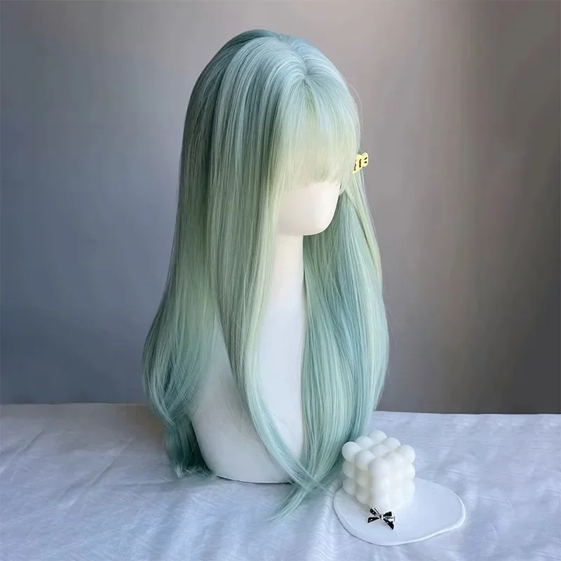 Green Wig for Women Cool Sense of Summer Light Green Wig with Bangs Jk Sweet Natural Simulation Human Hair Headband Wigs 가발